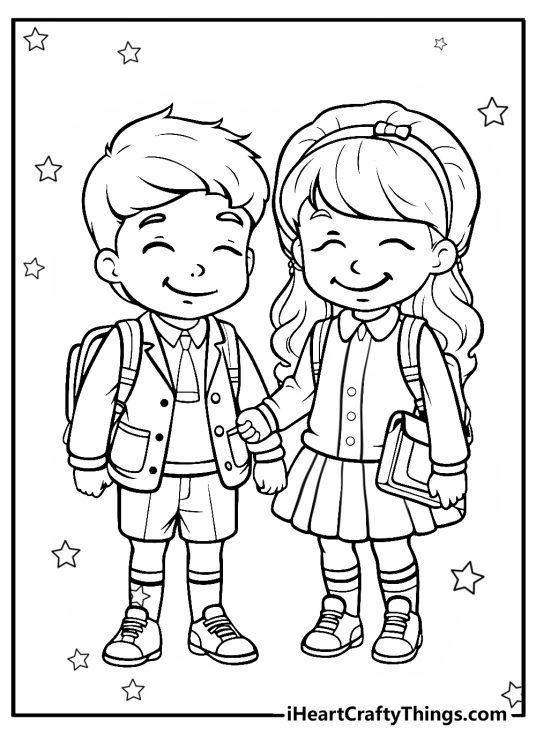 Best friends-themed image featuring two happy schoolkids with uniforms and backpacks surrounded by stars