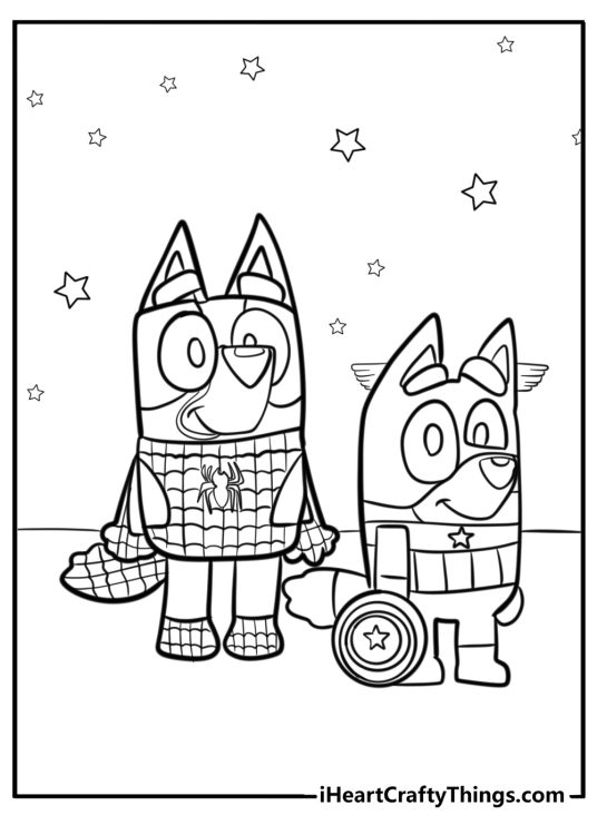 Coloring page of a Bluey and Bingo wearing some Halloween outfits with stars all around them