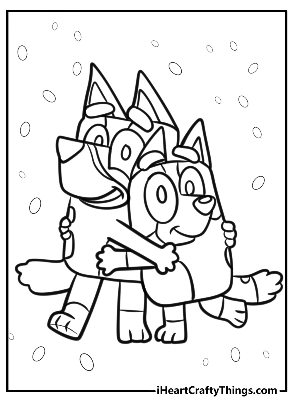 Bluey and Bingo sibling hug coloring image