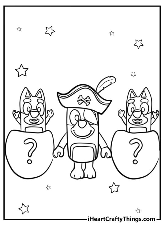 Detailed drawing of a Bluey playing dressed up as a pirate with stars all around her