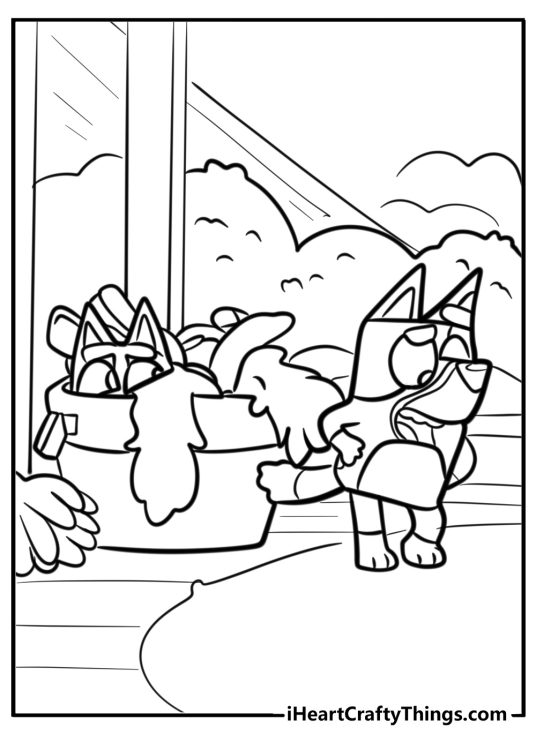 Printable coloring page for kids depicting Bluey and Bingo playing hide and seek game
