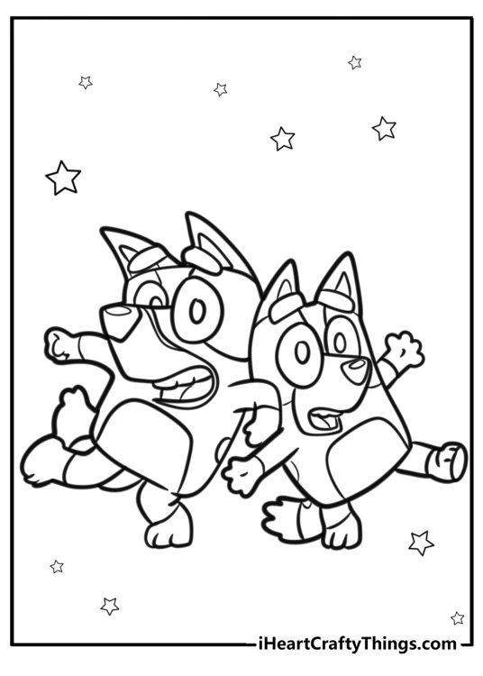 Detailed drawing of a Bluey and Bingo standing back to back with stars all around them