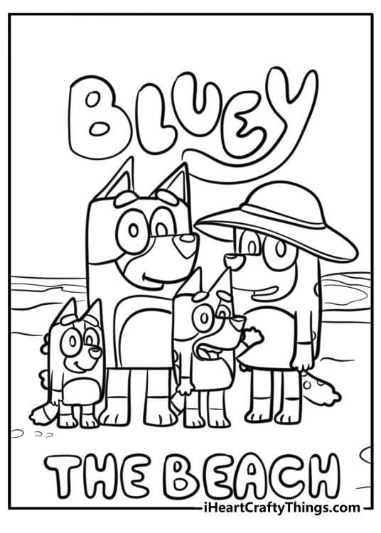 Poster depicting Bluey family with the BLUEY phrase written on the top and THE BEACH on the bottom of the page