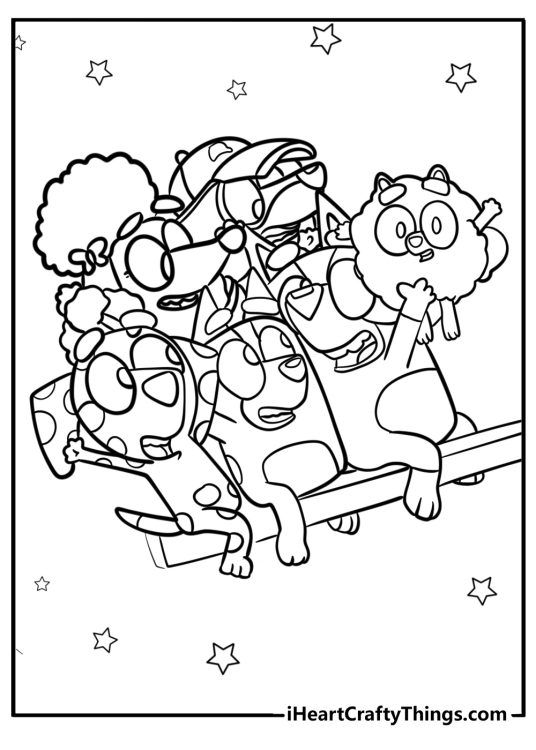 Detailed Bluey-themed drawing for kids depicting six characters sitting on the swing