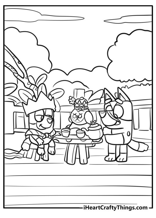 Printable coloring sheet featuring dressed up Bluey and Bingo having a tea party