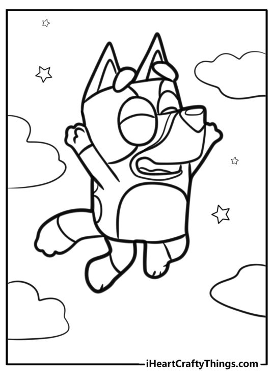 Coloring image of an excited Bluey jumping up high in the air with clouds all around her