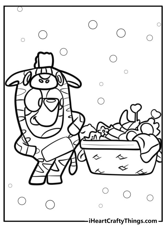 Printable coloring image of a Bluey dressed up as a tiger standing next to toy basket
