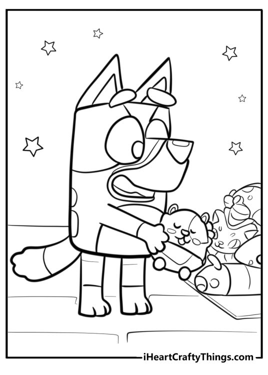 Free printable coloring sheet for children depicting Bluey playing with her toys