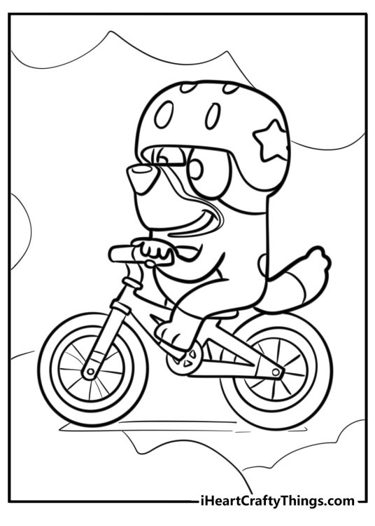 Picture to print and color featuring Bluey enthusiastically riding a bike outdoors
