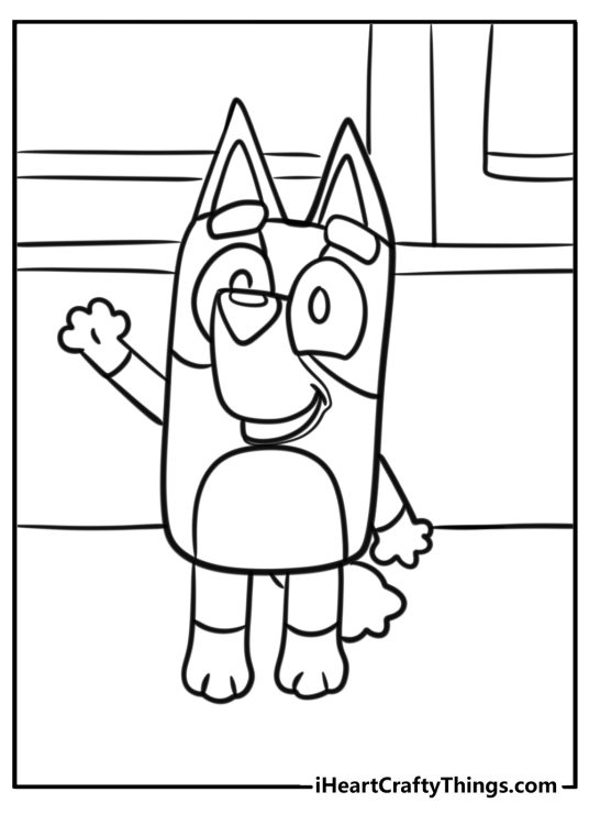 Printable coloring page for pre-schoolers featuring friendly-looking Bluey smiling and waving to us