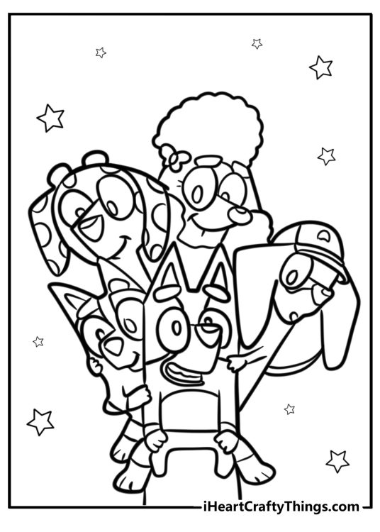 Coloring picture for pre-schoolers featuring Bluey with friends sitting on a swing all together