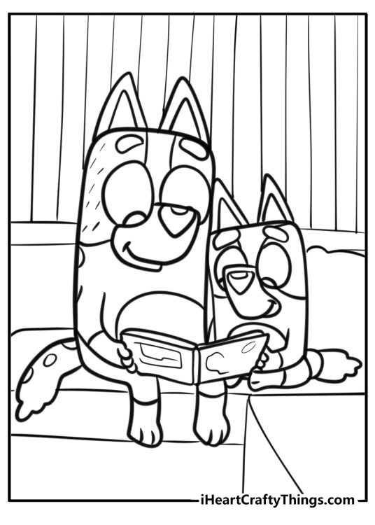 Detailed coloring picture capturing Bluey with mom Chilli reading a book on a sofa