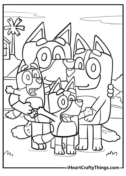 Detailed coloring poster for kids of a Bluey posing outdoors with her whole family