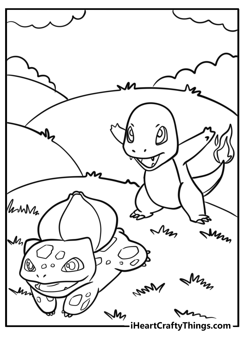 Bulbasaur and charmander on an adventure coloring page