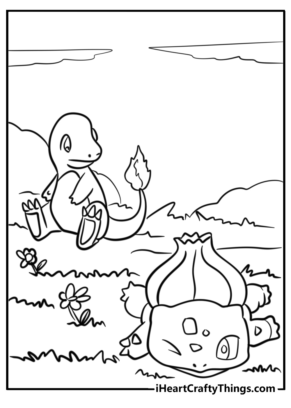 Bulbasaur and charmander on an adventure printable to color