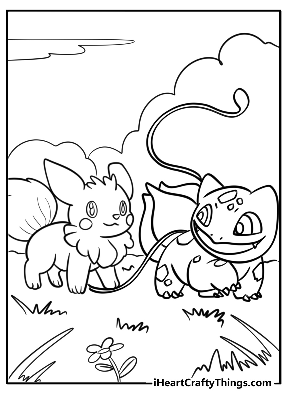 Bulbasaur and eevee playing together coloring pages to print