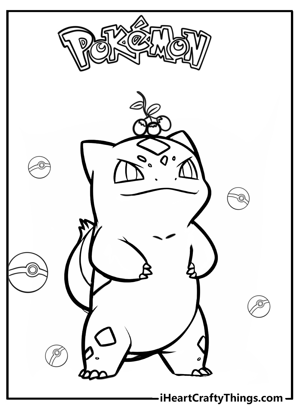 Bulbasaur balancing berries on its head coloring page for preschoolers