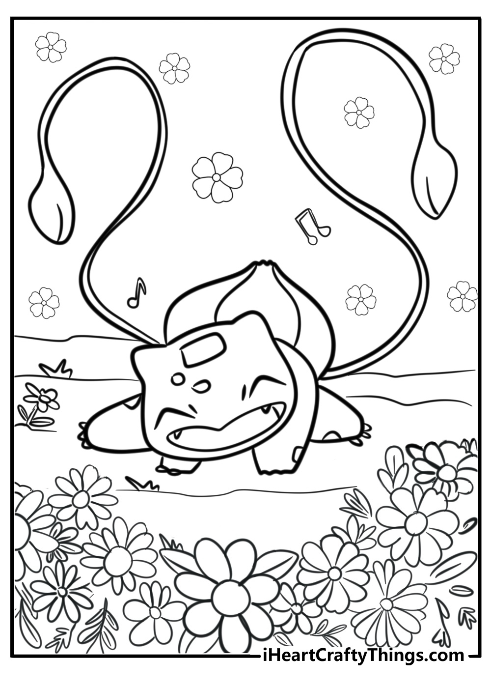 Bulbasaur dancing in a meadow of flowers coloring sheet for kids