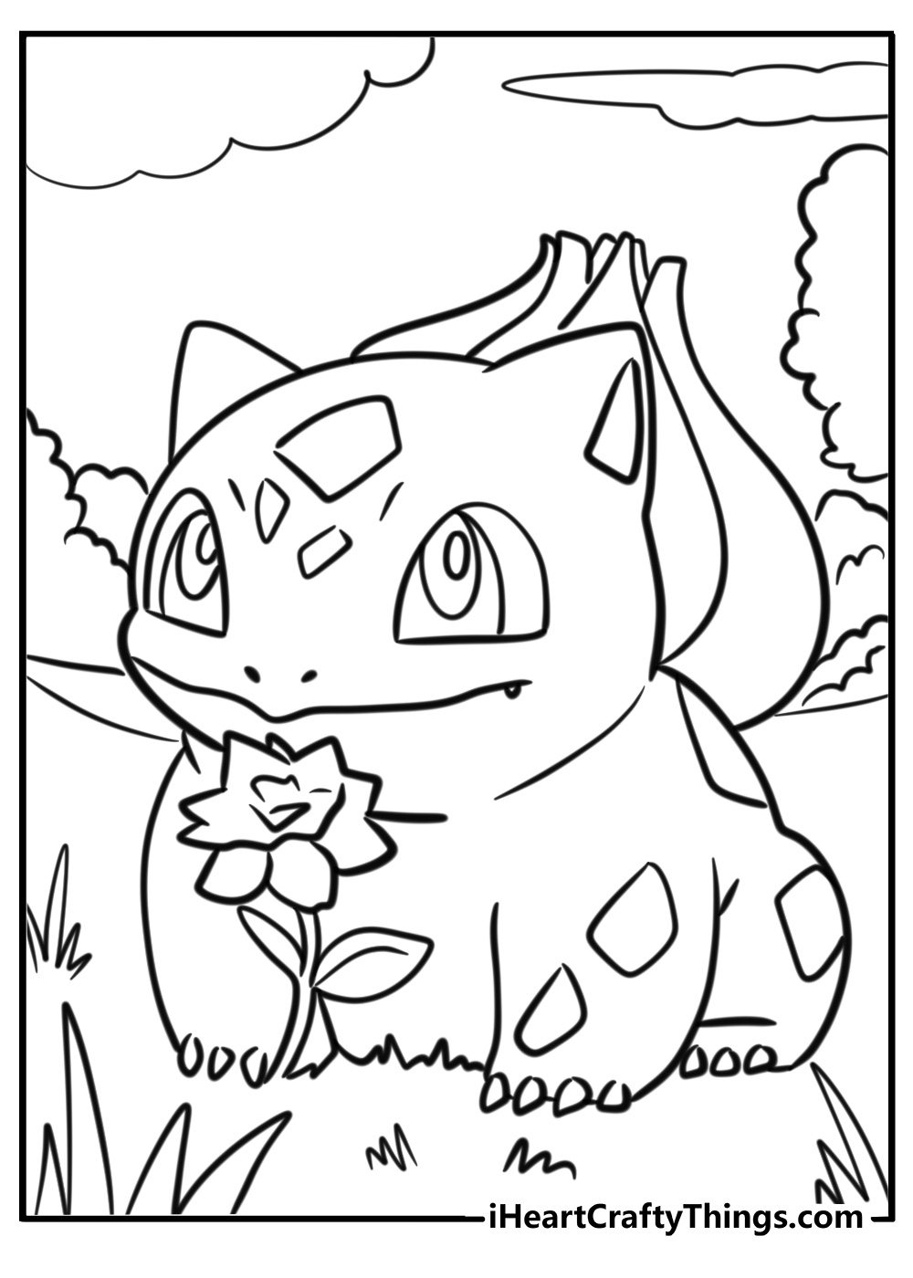 Bulbasaur playing in a field of flowers printable to color