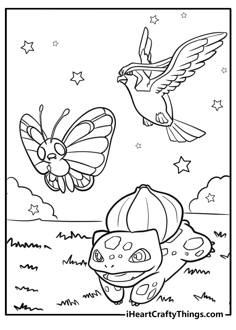 Bulbasaur playing with butterfree and pidgey coloring pages for kids