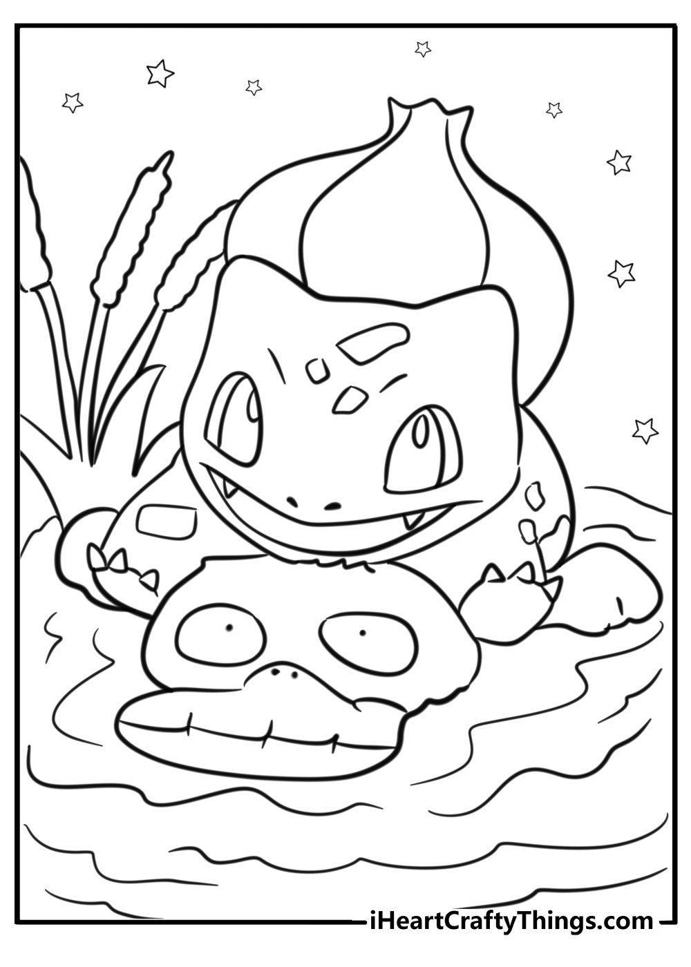 Bulbasaur relaxing by a pond coloring page to print