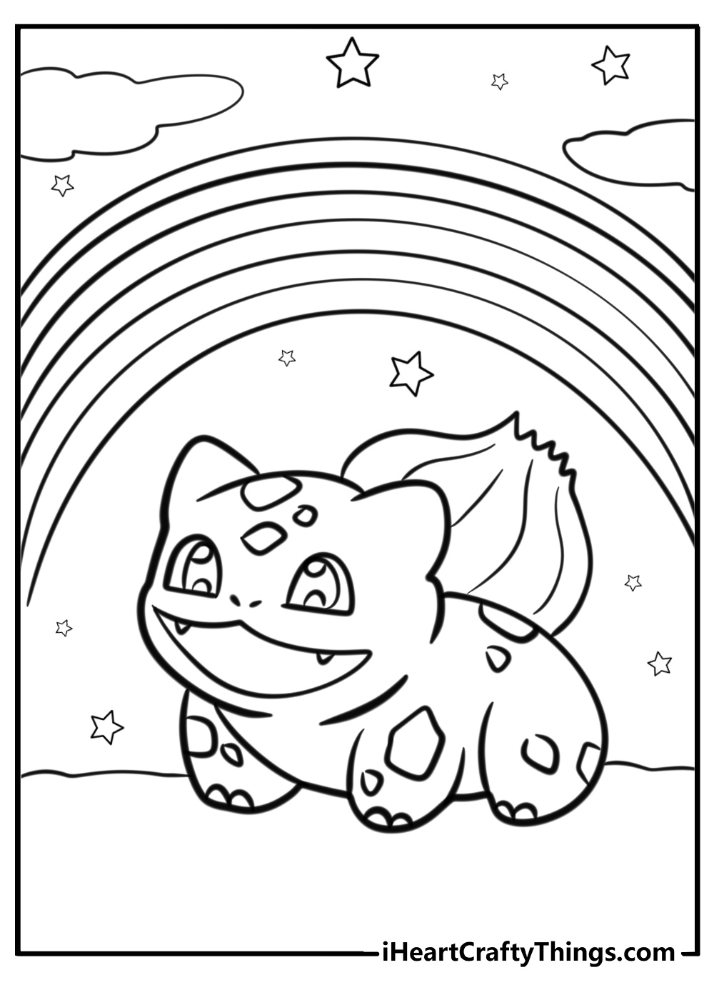 Bulbasaur smiling under a rainbow coloring page for kids