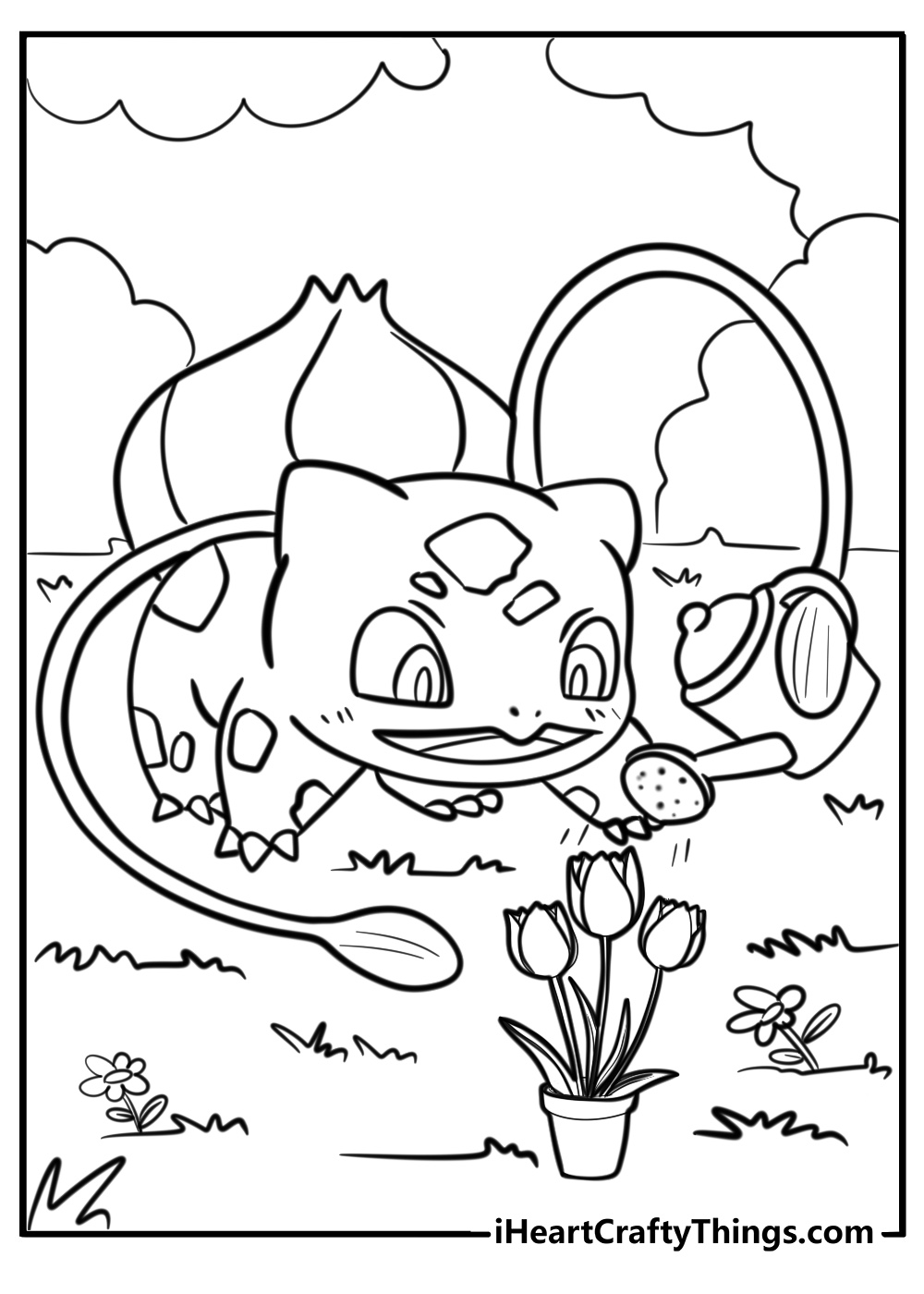 Bulbasaur watering plants coloring sheet for kids