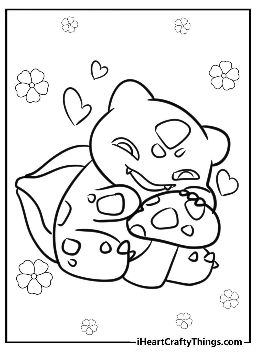 Bulbasaur with glowing mushrooms coloring page for kids