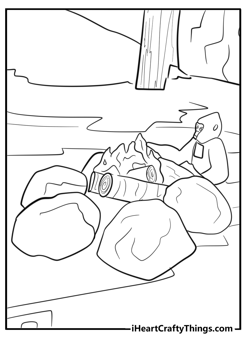 Campfire scene in gorilla tag forest coloring page