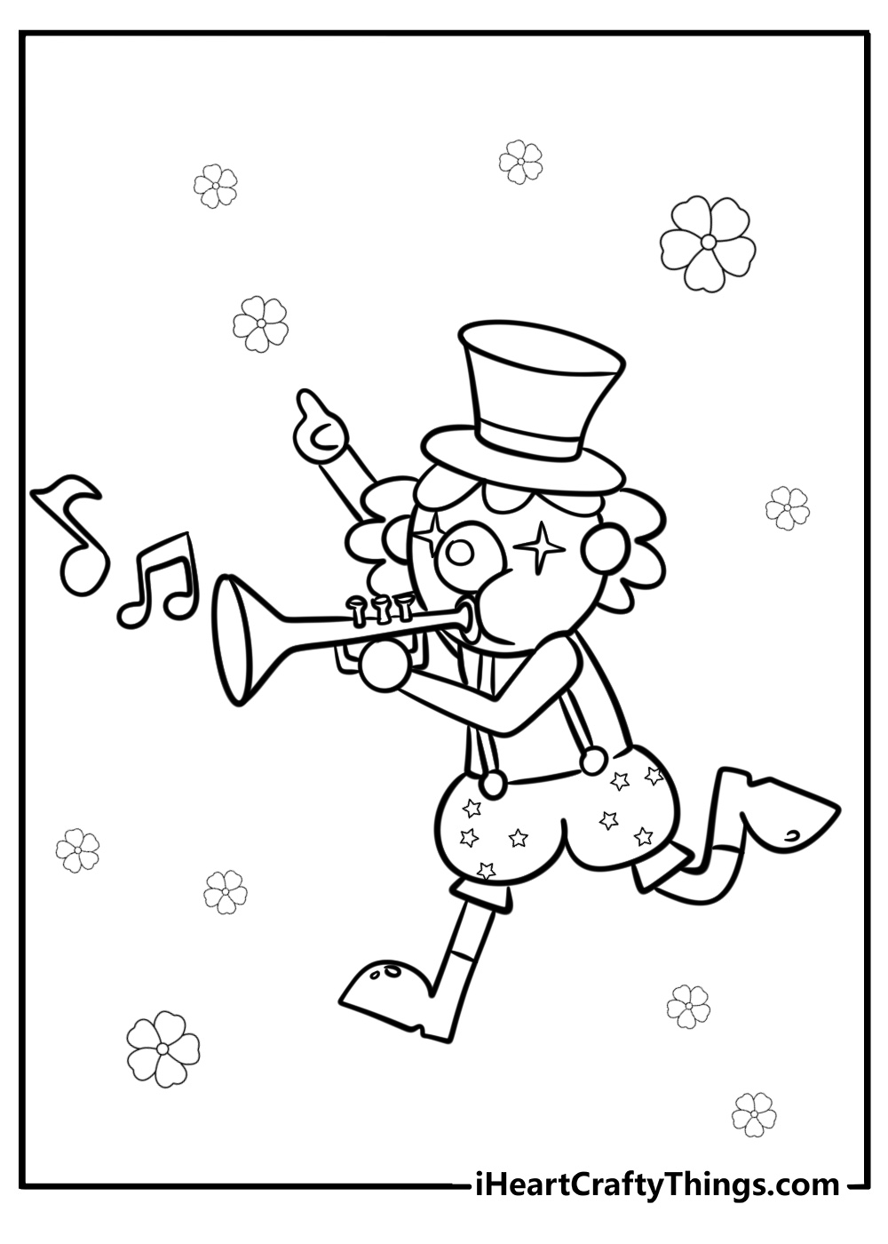 Cartoon clown playing a trumpet free coloring page