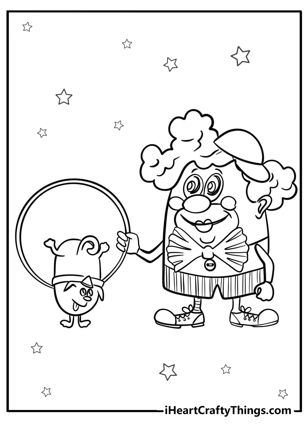 Cartoon clown playing with a puppy fun coloring sheet for kids