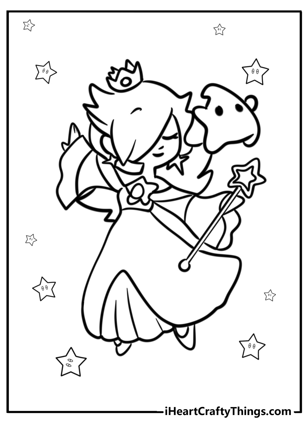 Chibi rosalina floating in the sky with lumas coloring sheet