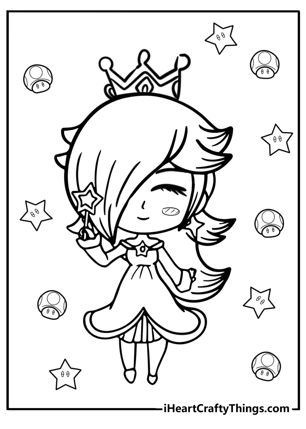 Chibi rosalina with star wand and luma coloring page for preschoolers