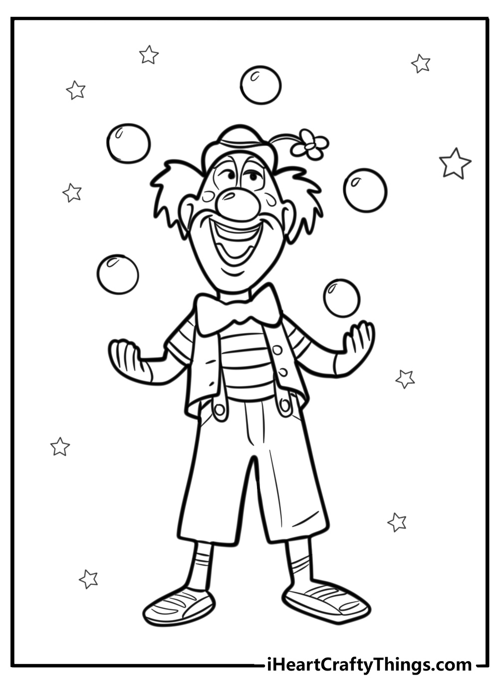 Circus clown juggling detailed printable coloring page