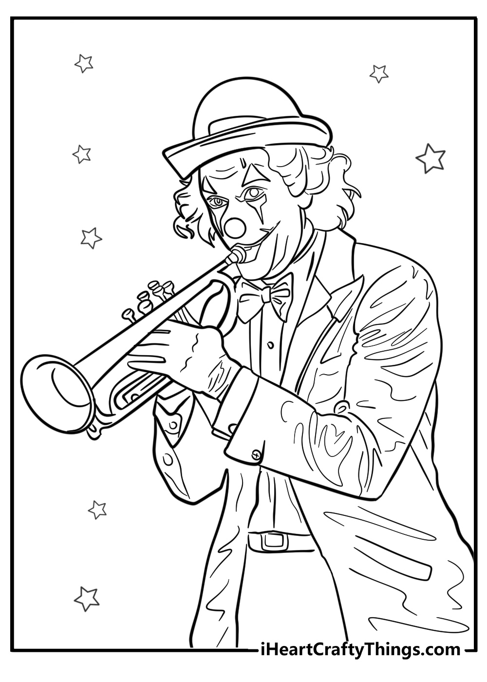 Classic circus clown blowing a horn fun coloring sheet