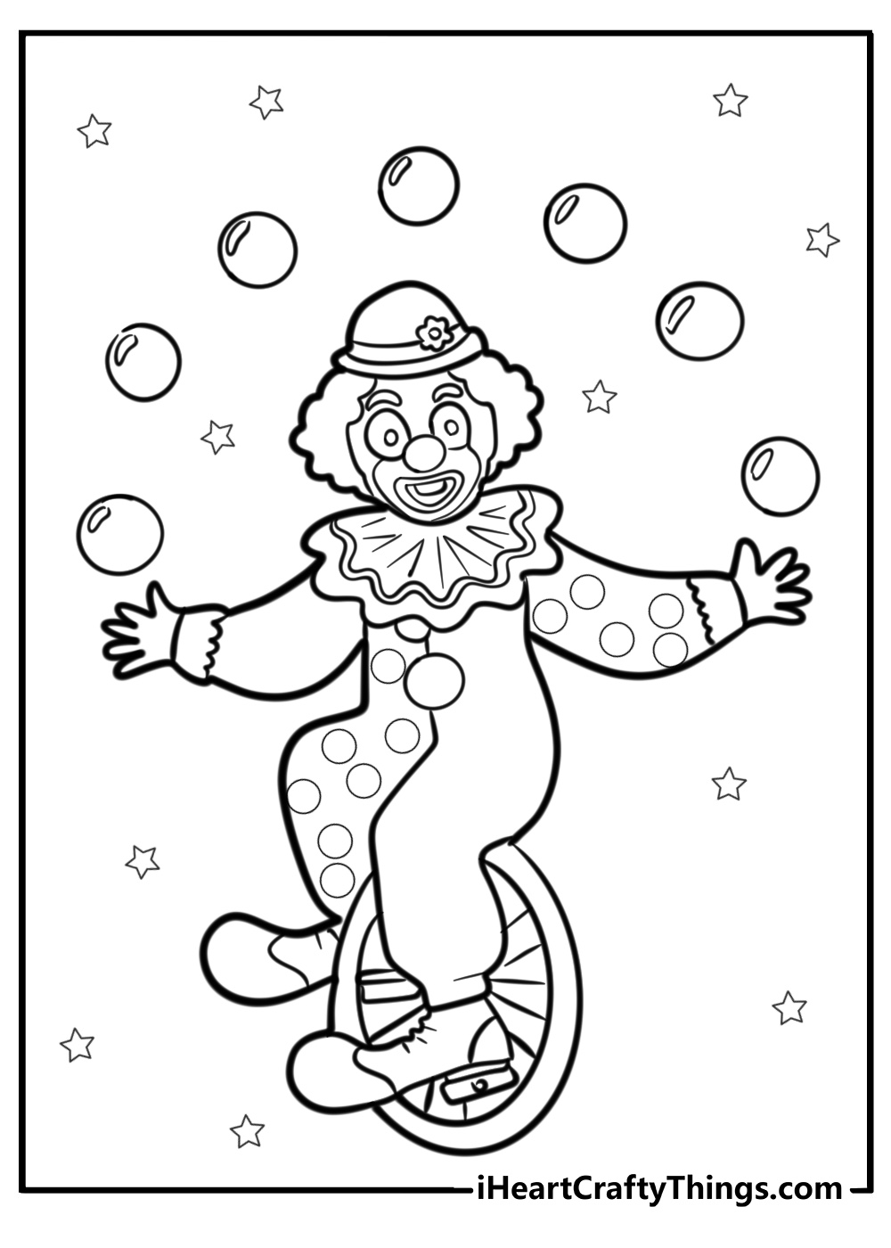 Classic clown on a unicycle fun coloring sheet for kids