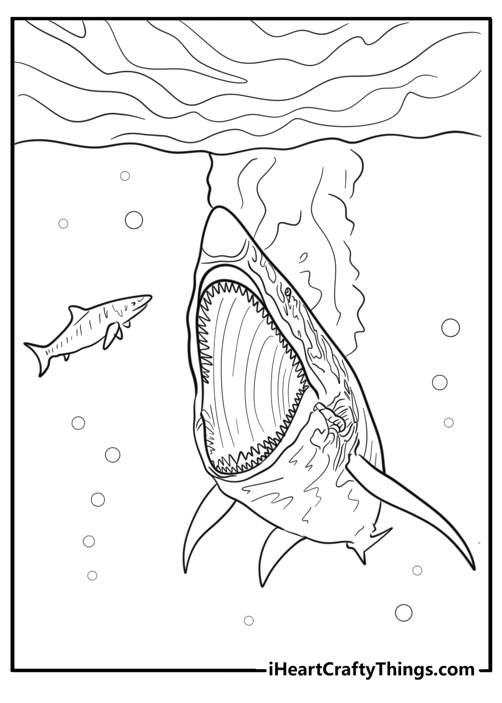 Close up megalodon attack scene free pdf coloring page