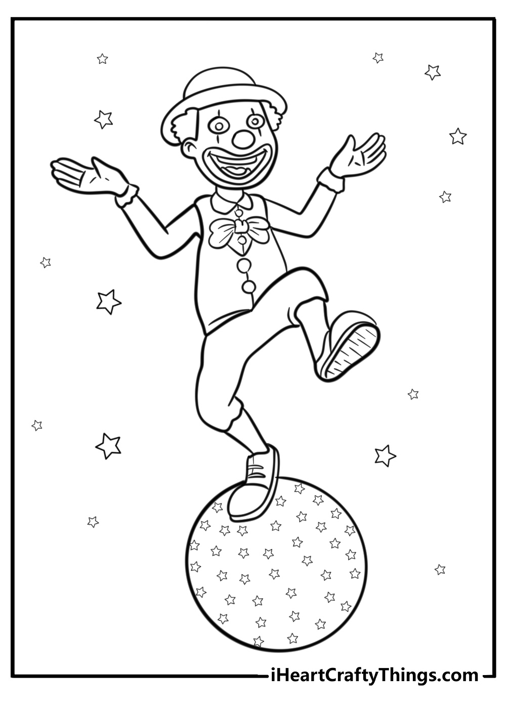 Clown balancing on a ball at the circus printable sheet