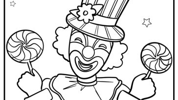 Clown holding a lollipop free pdf printable coloring page