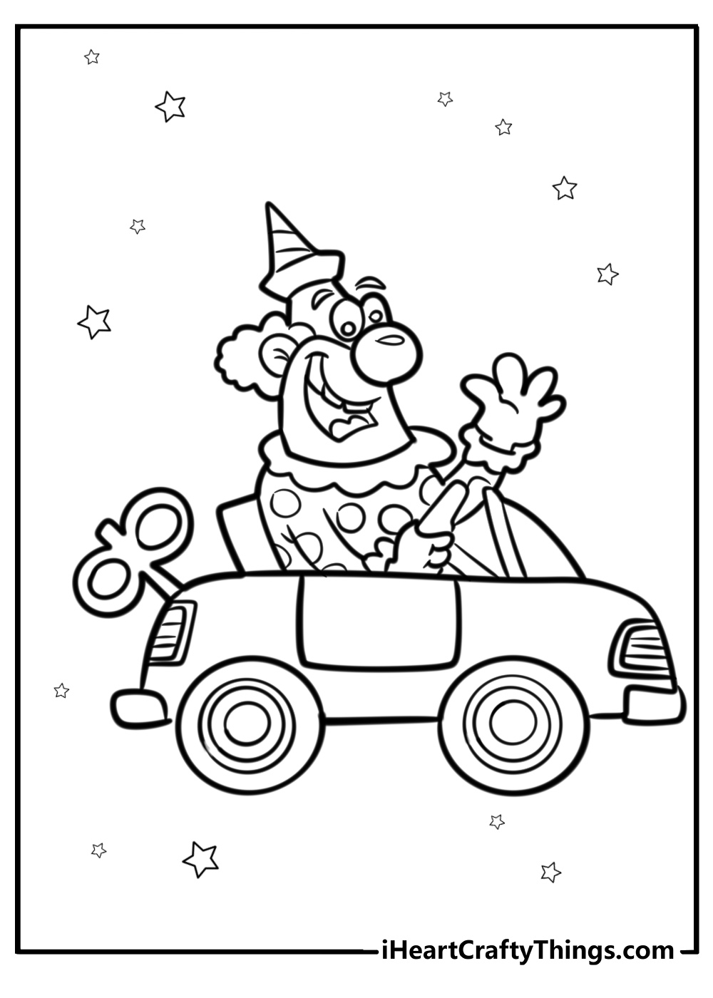 Clown in a car at the circus fun printable coloring page