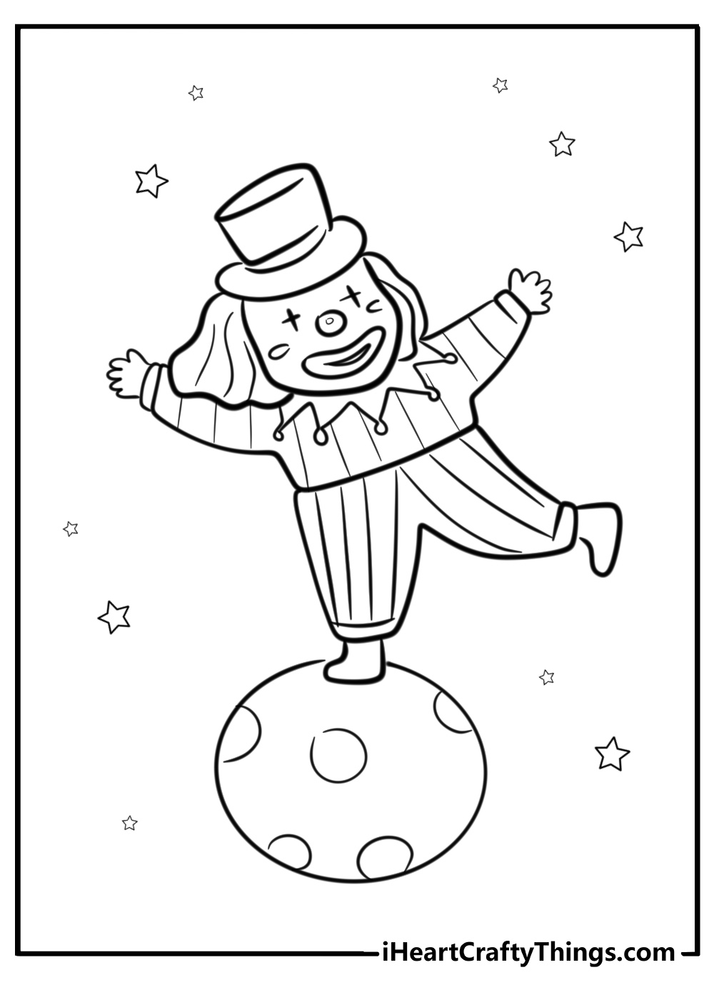 Clown performing acrobatics in a circus tent coloring sheet