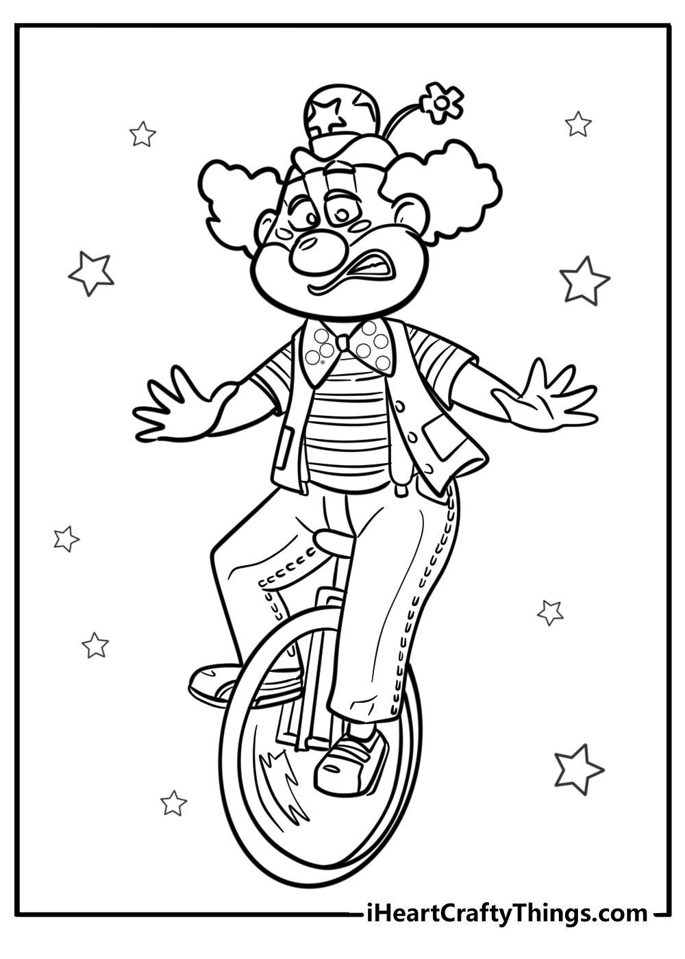 Clown riding a bicycle at the circus detailed coloring page