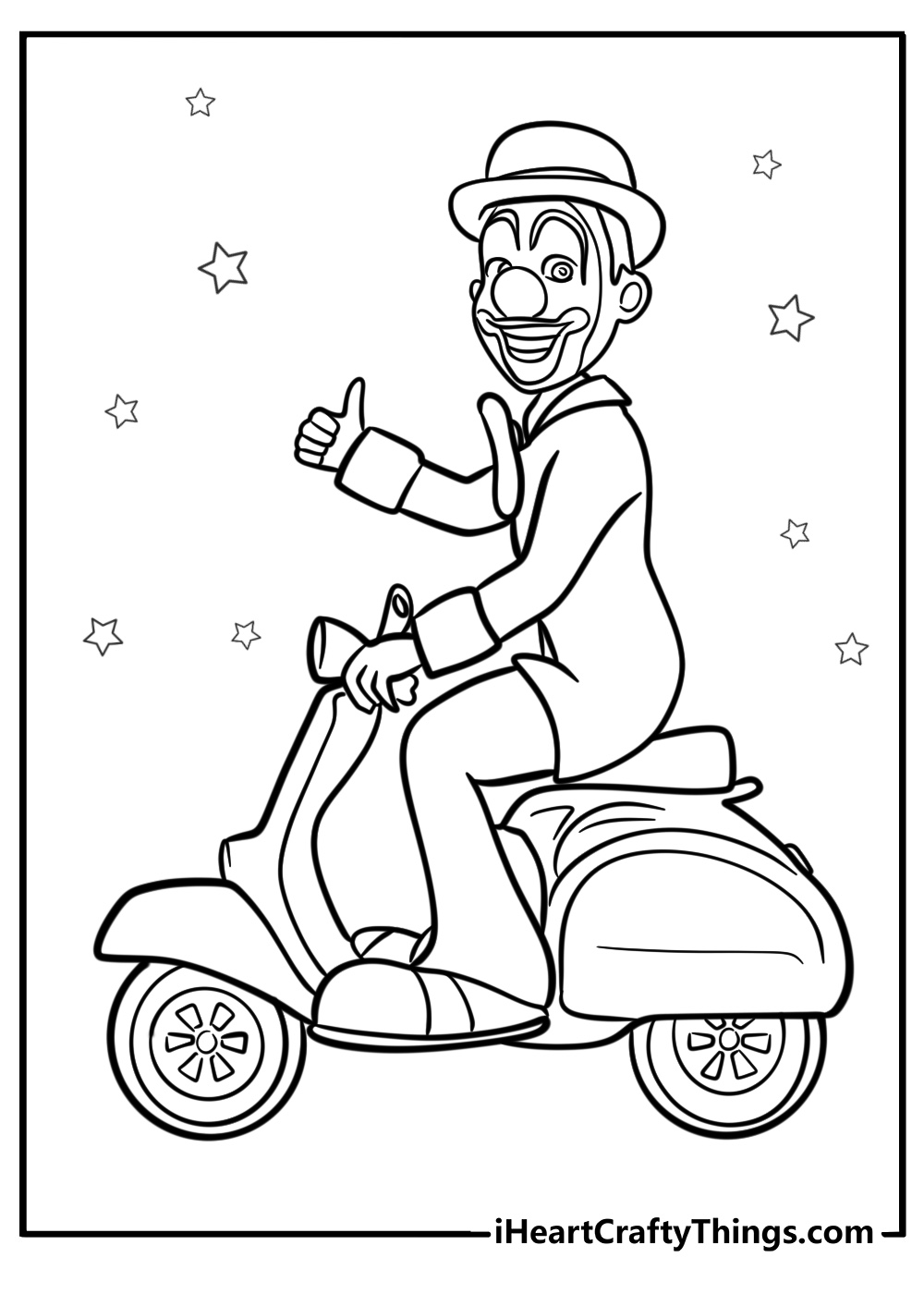 Clown riding a scooter fun coloring sheet for kids