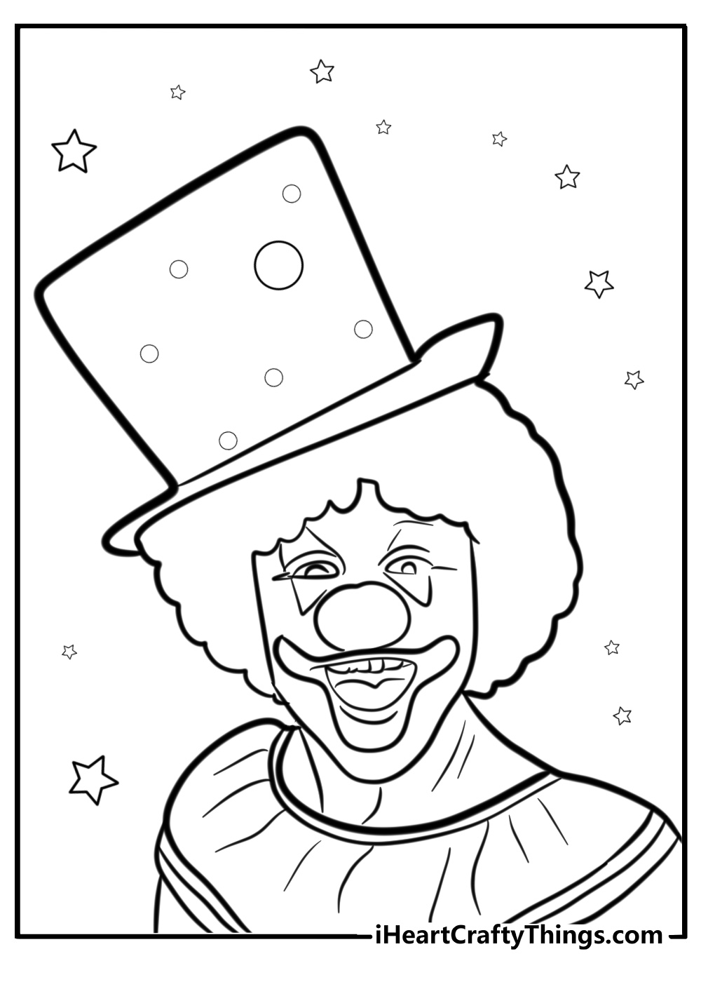 Clown wearing a big top hat performing tricks printable page