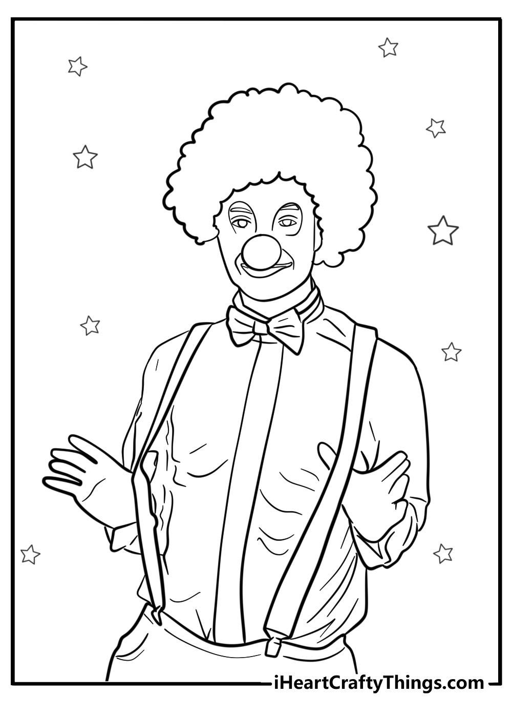 Clown with a big red nose and bowtie printable coloring page