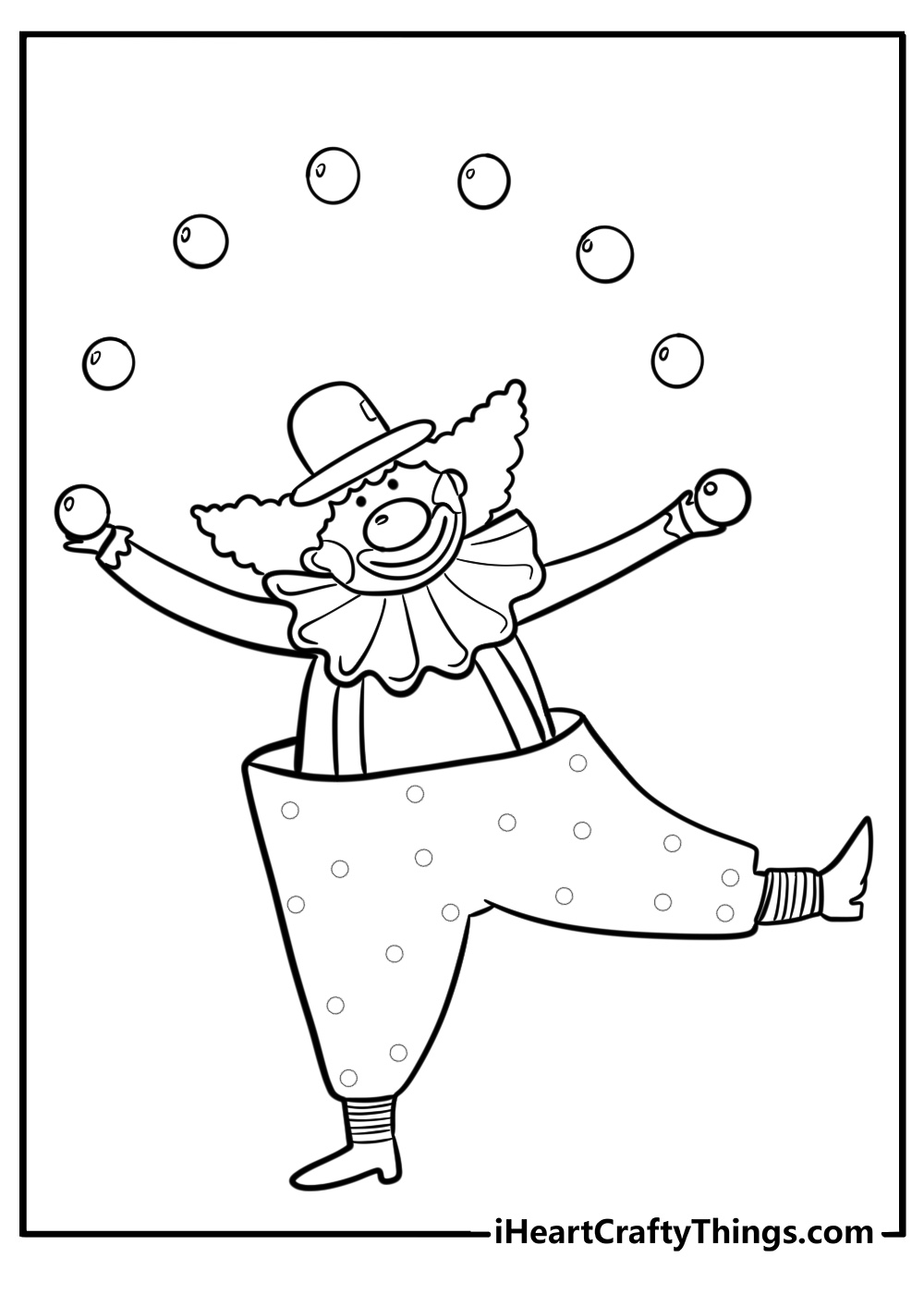 Clown with colorful makeup juggling balls free coloring page