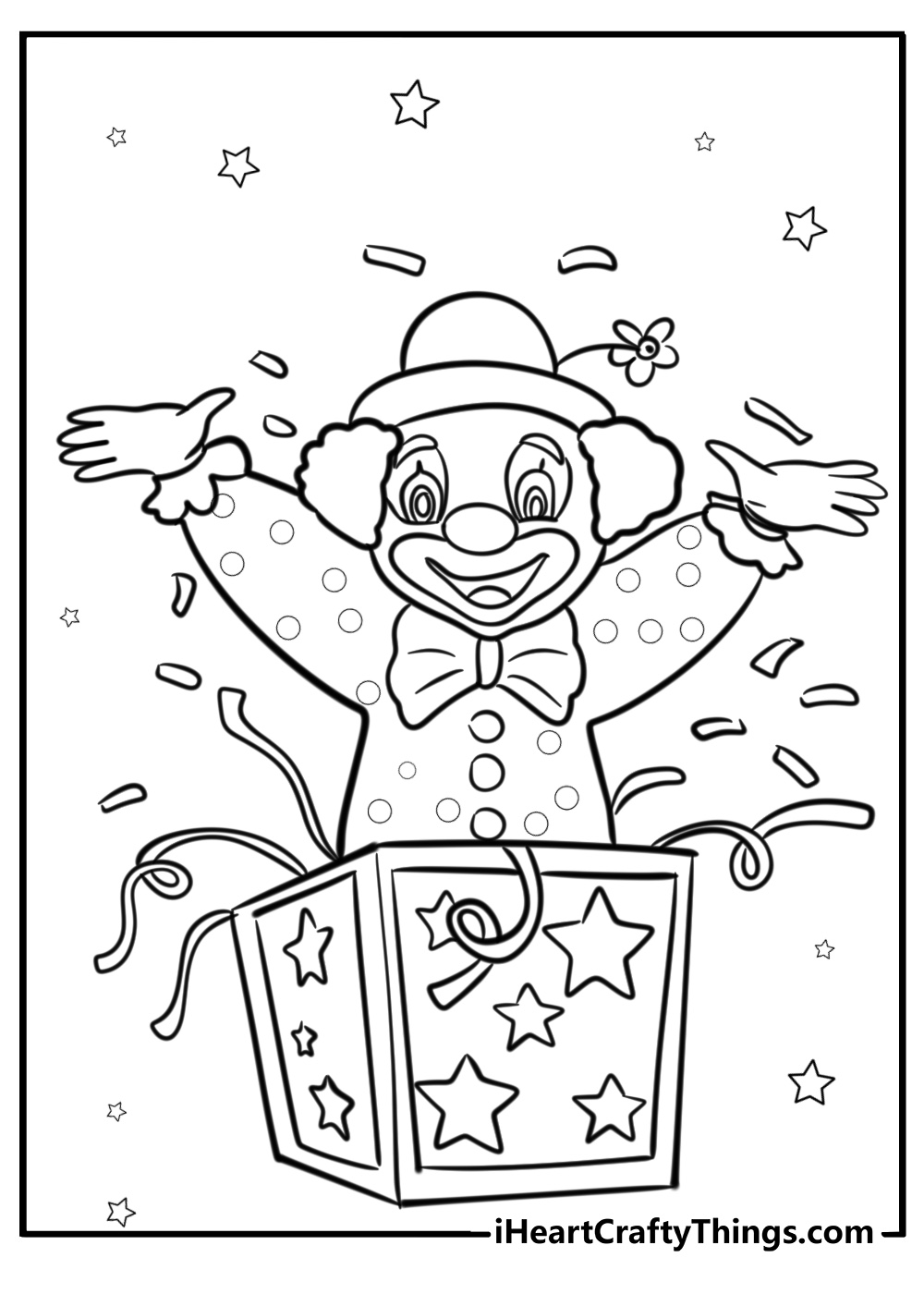 Clown with confetti and streamers free pdf coloring page