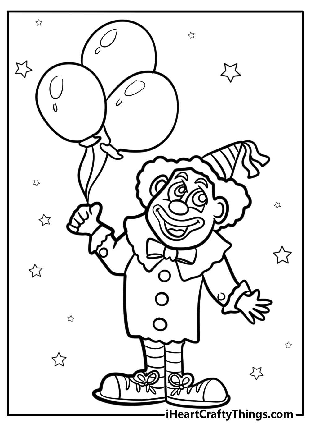 Colorful clown holding balloons at a party detailed coloring sheet