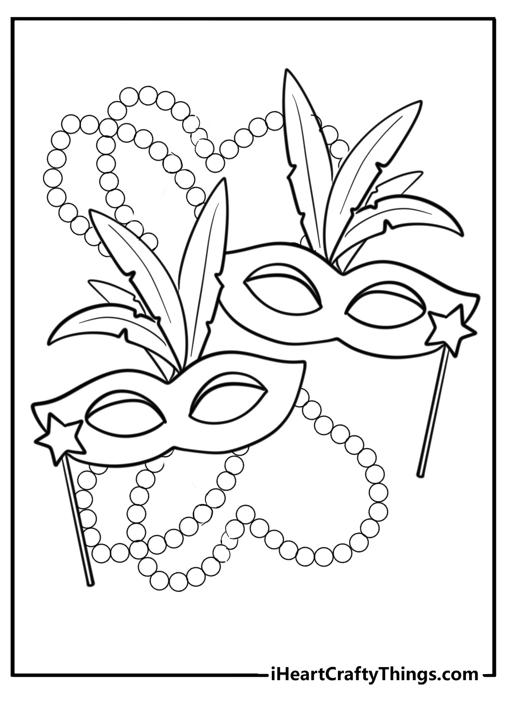 Colorful mardi gras mask with beads and feathers coloring sheet