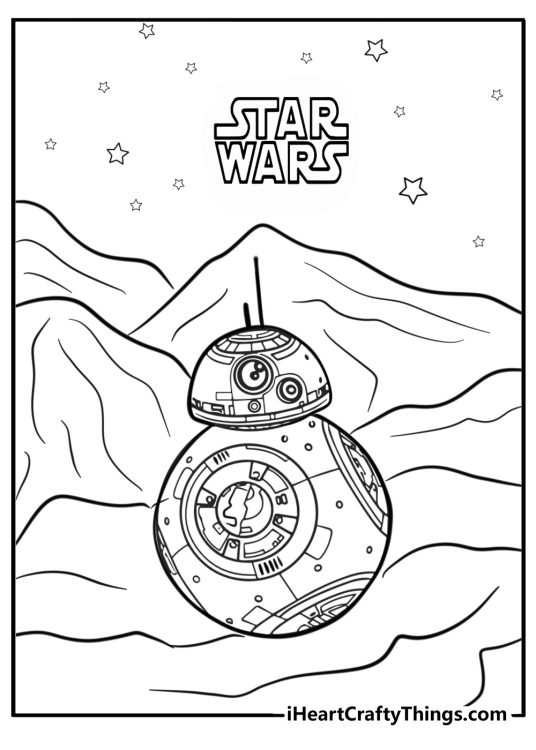 LEGO Star Wars-themed coloring image featuring BB-8 droid with rocks and stars behind it
